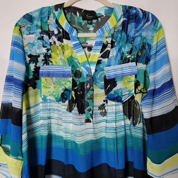 Cocomo Womens Blue Floral Striped Artsy 3/4 Sleeves Sheer Top Petite Large - Picture 4 of 9